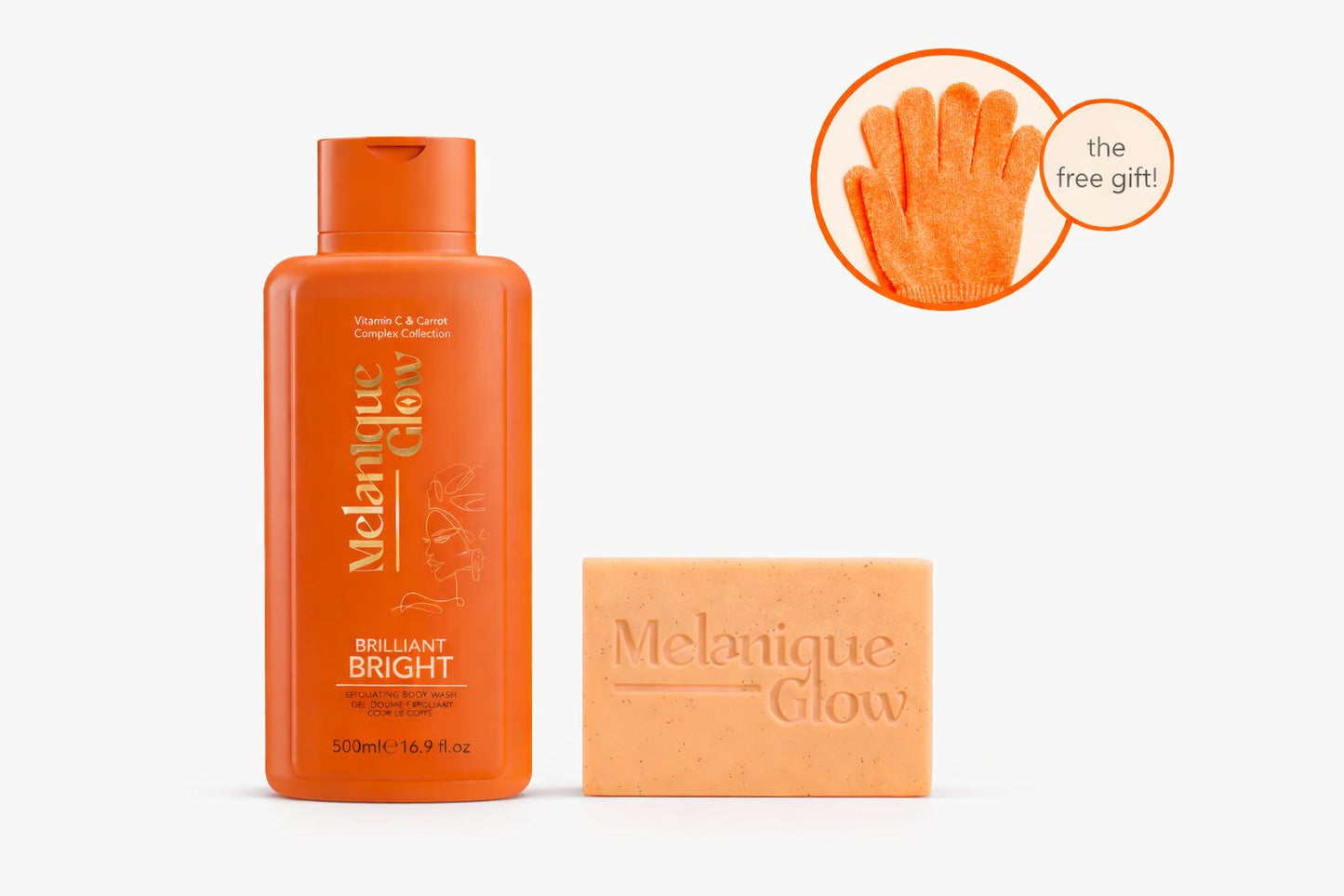 Melanique Glow Brilliant Body Glow Set: Achieve Luminous Radiance & Smooth Skin for All Skin Types – Free Exfoliating Gloves Included