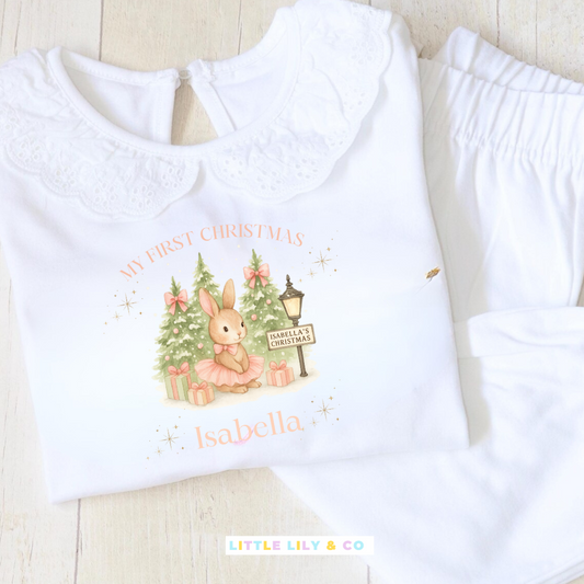 Personalised FIRST CHRISTMAS Children's Girls Pyjamas White Frilly - Bespoke Create Your Own Designs