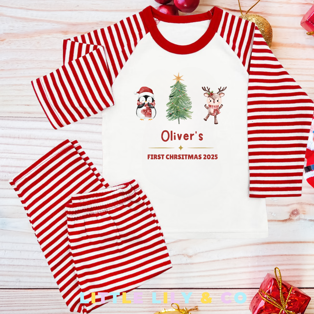 Personalised FIRST CHRISTMAS Children's Pyjamas Red Striped Pyjamas - Bespoke Create Your Own Designs