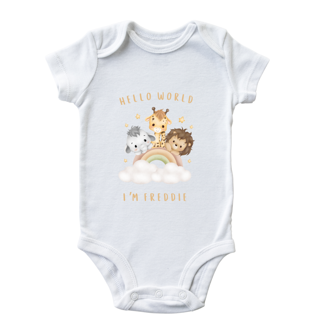 Personalised Baby Hello World Baby Name Announcement White Vest