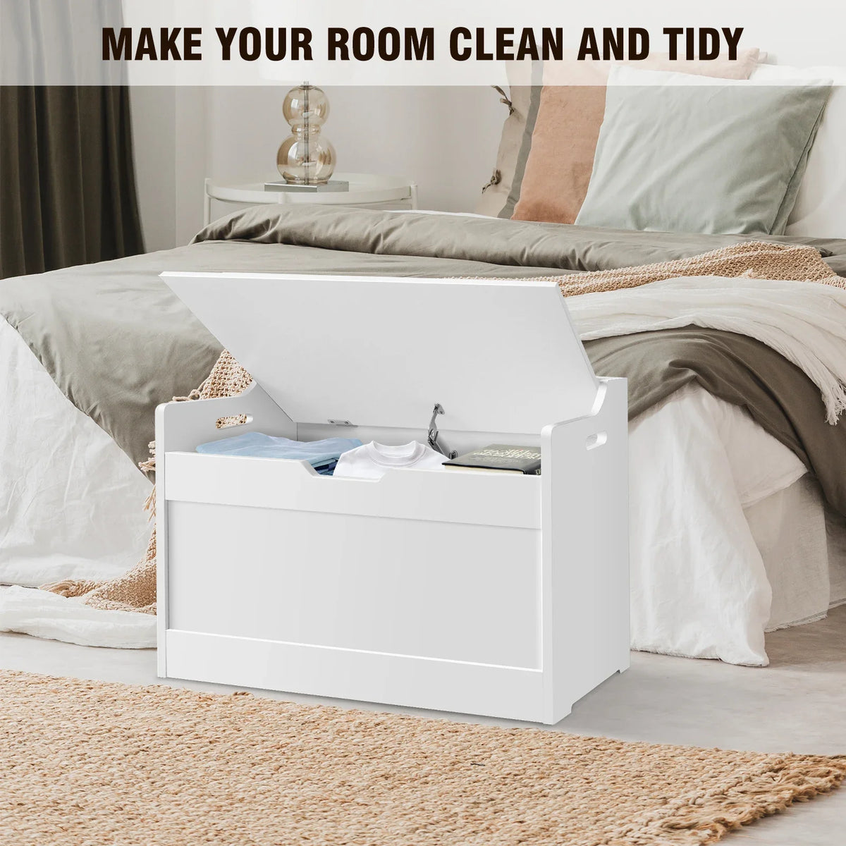Wooden Storage Box with Lid Bench - Toy Blanket White Large Capacity Home Chest