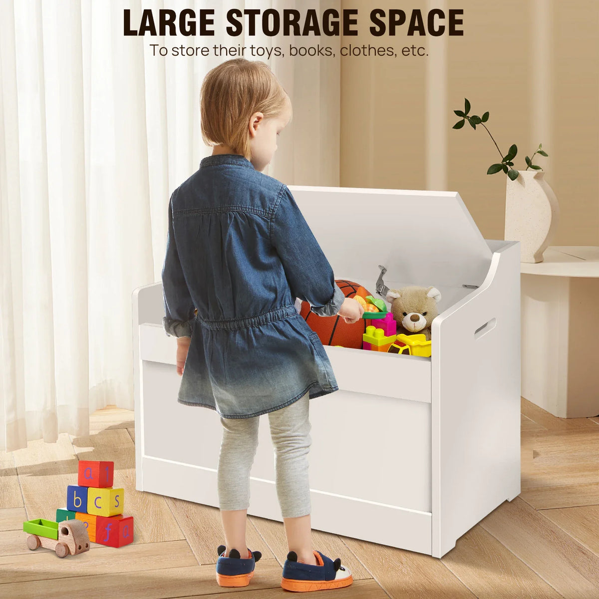 Wooden Storage Box with Lid Bench - Toy Blanket White Large Capacity Home Chest