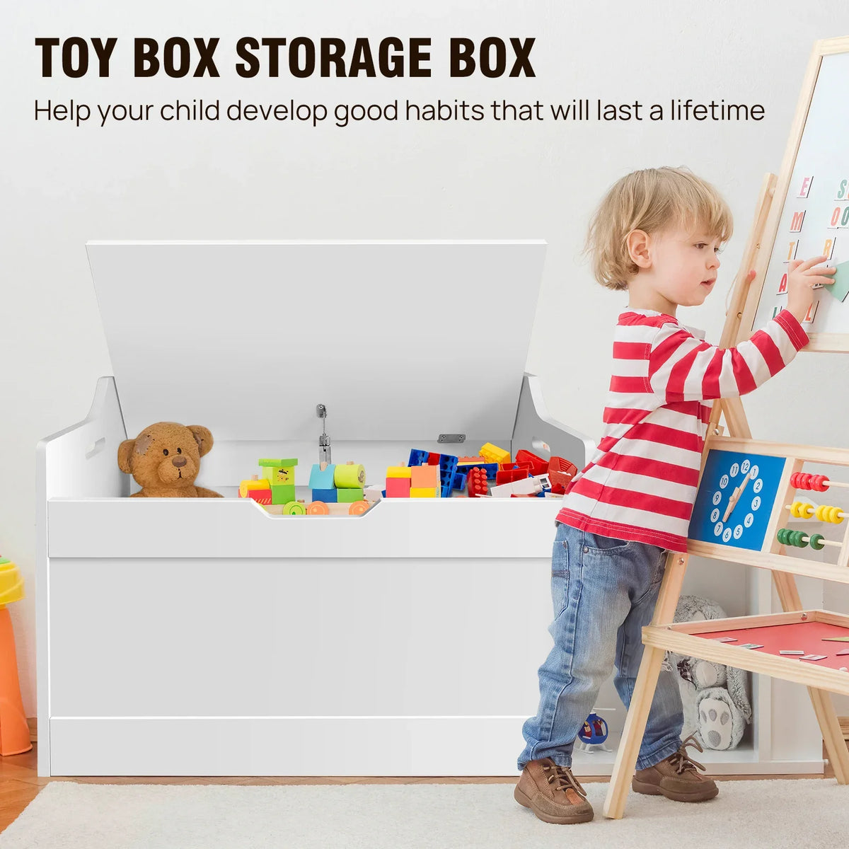 Wooden Storage Box with Lid Bench - Toy Blanket White Large Capacity Home Chest