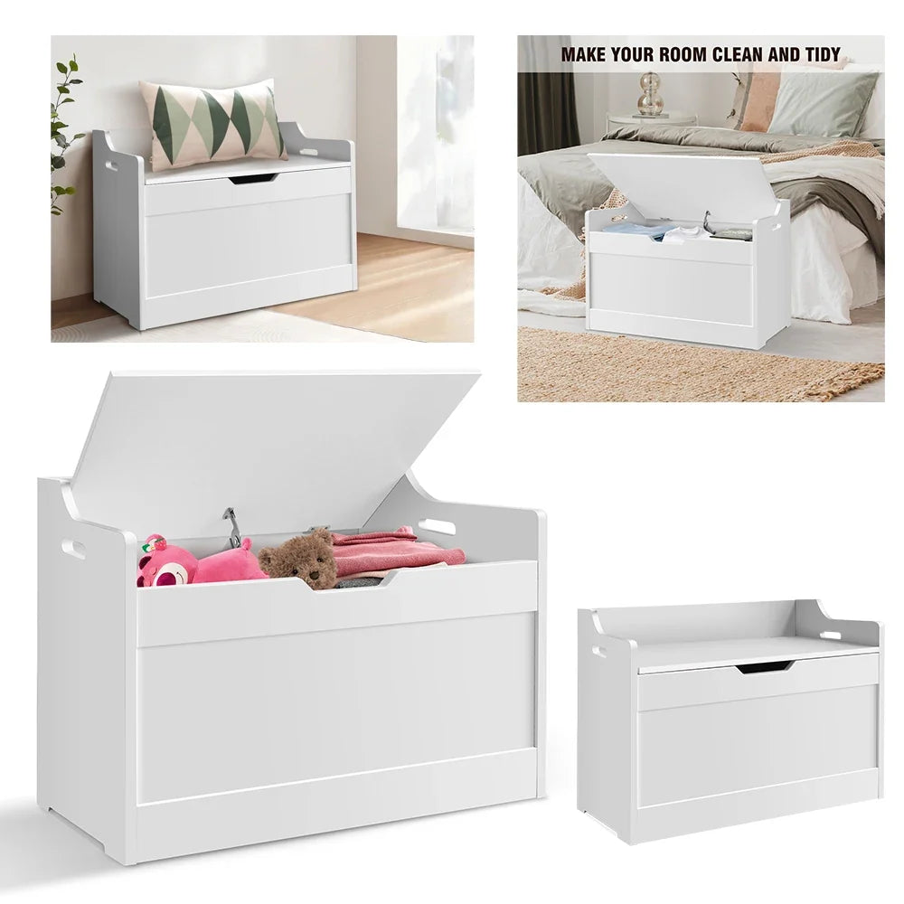 Wooden Storage Box with Lid Bench - Toy Blanket White Large Capacity Home Chest