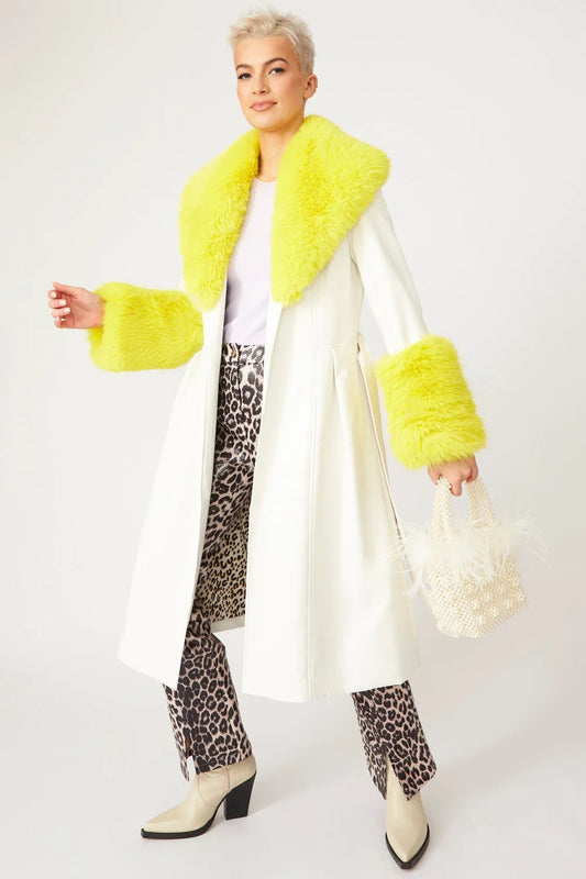 White Yellow Faux Leather Trench Coat with Faux Fur Collar and Cuffs