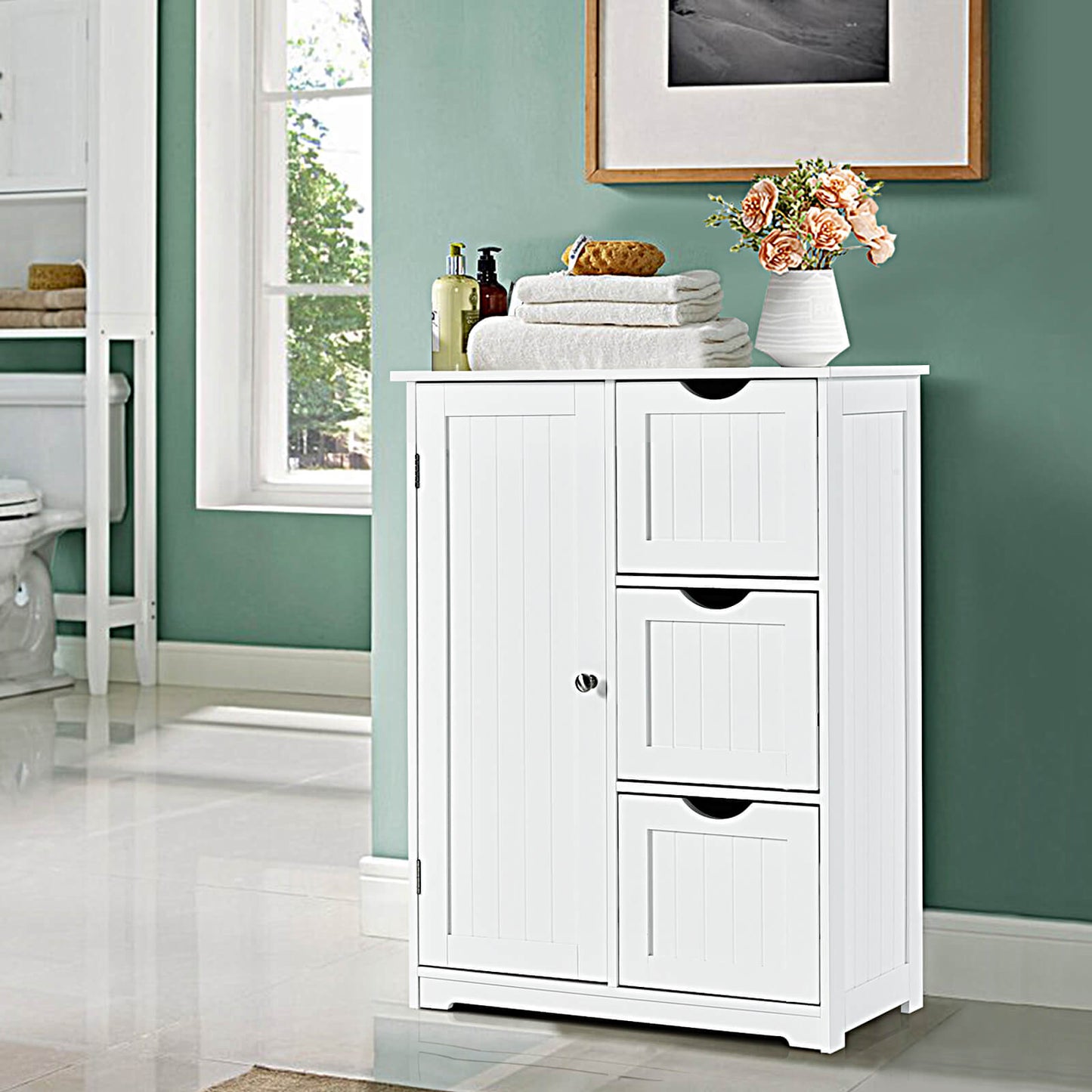 1-Door Freestanding Bathroom Cabinet with 3 Drawers-Black