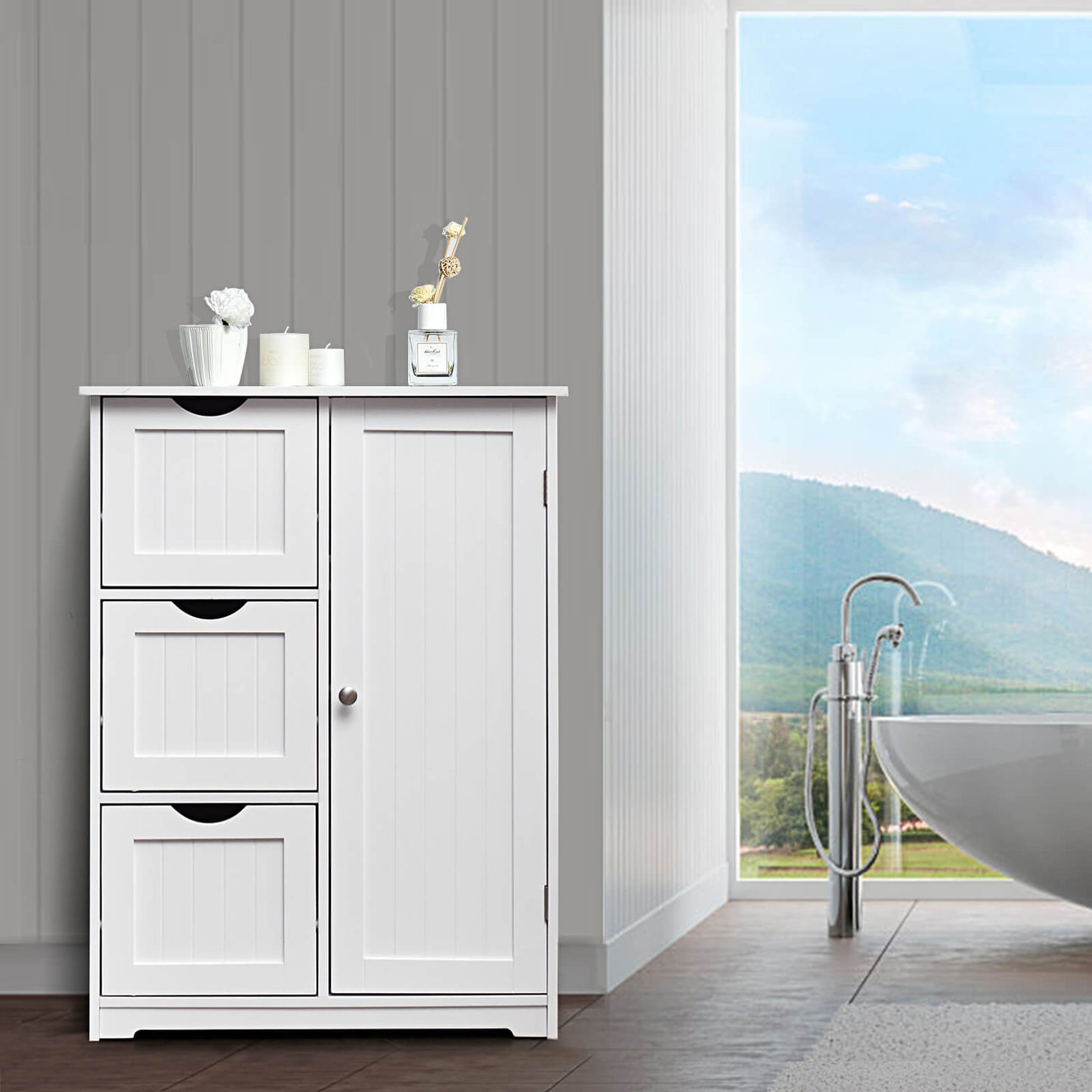 1-Door Freestanding Bathroom Cabinet with 3 Drawers-Black