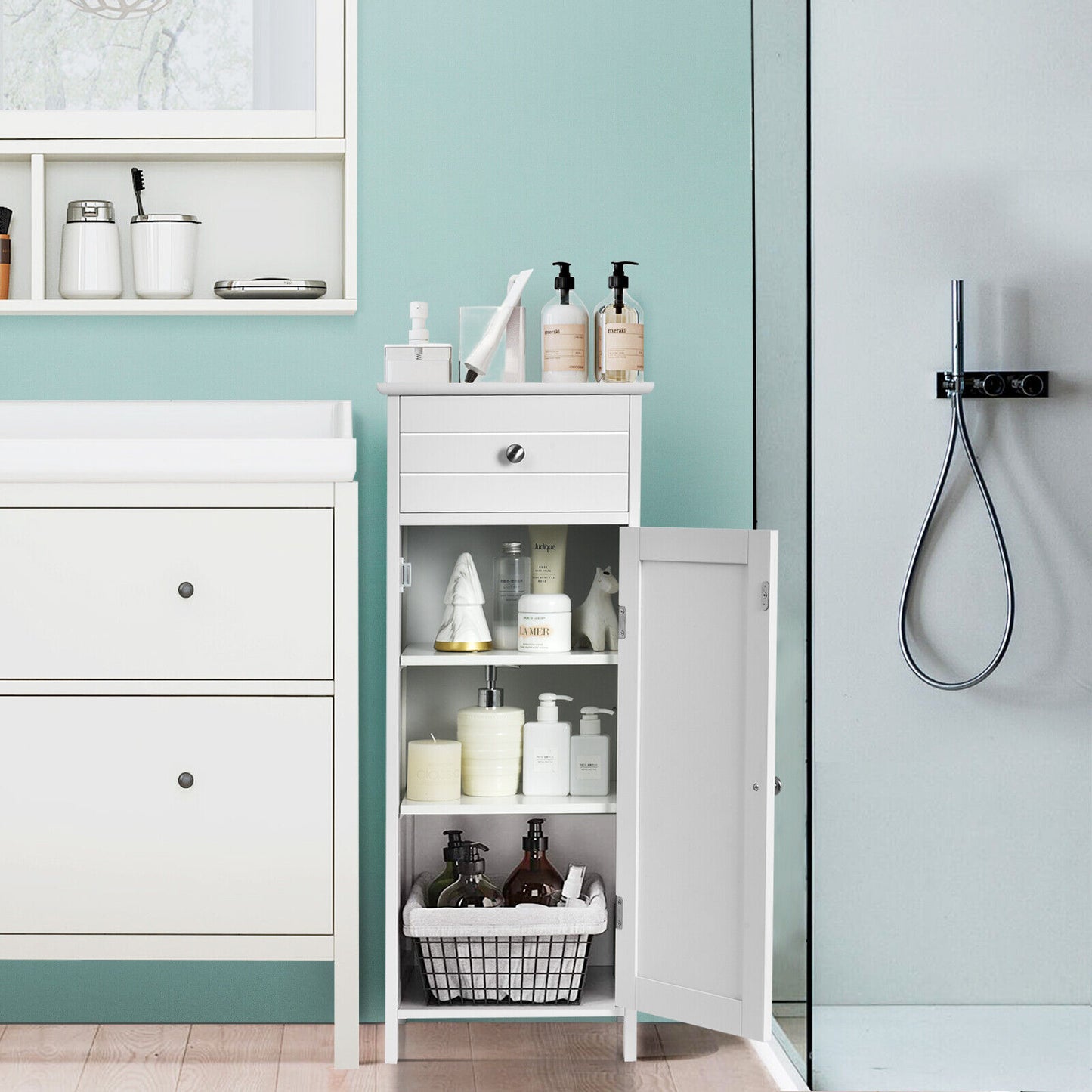 1-Door Freestanding Bathroom Storage Cabinet with Drawer and Adjustable Shelves-Black