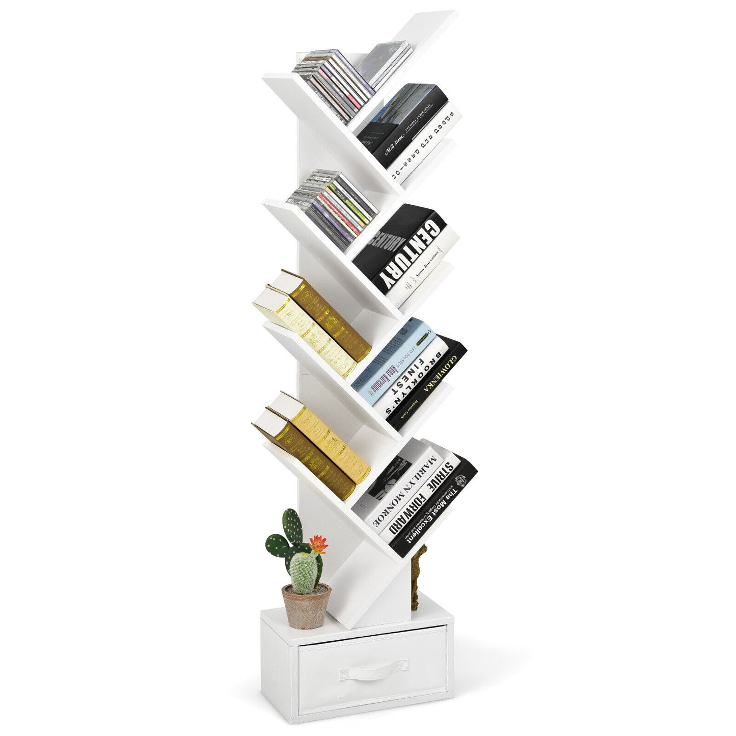 10-Tier Freestanding Tree Bookshelf with Drawer-Rustic Brown