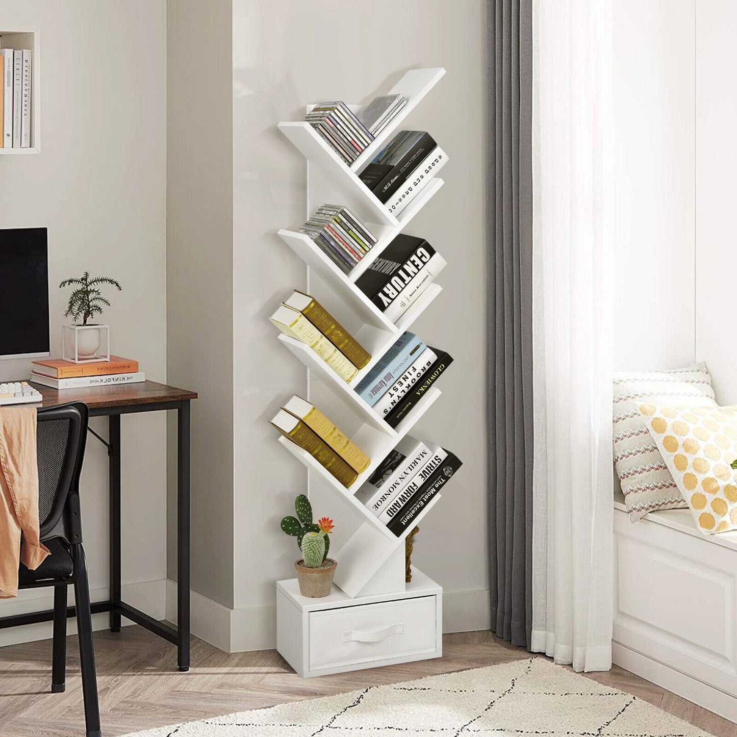 10-Tier Freestanding Tree Bookshelf with Drawer-Rustic Brown