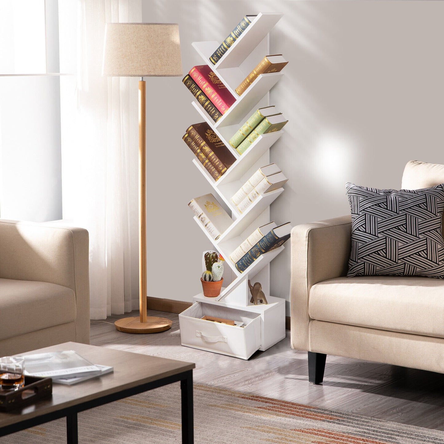10-Tier Freestanding Tree Bookshelf with Drawer-Rustic Brown