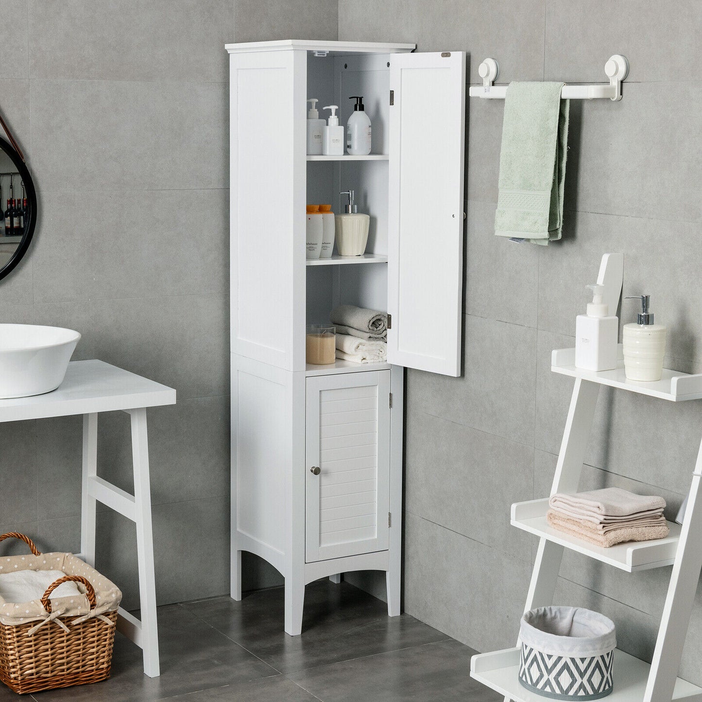 2-Door 160cm High Freestanding Bathroom Cabinet with 5-Tier Shelves-Brown