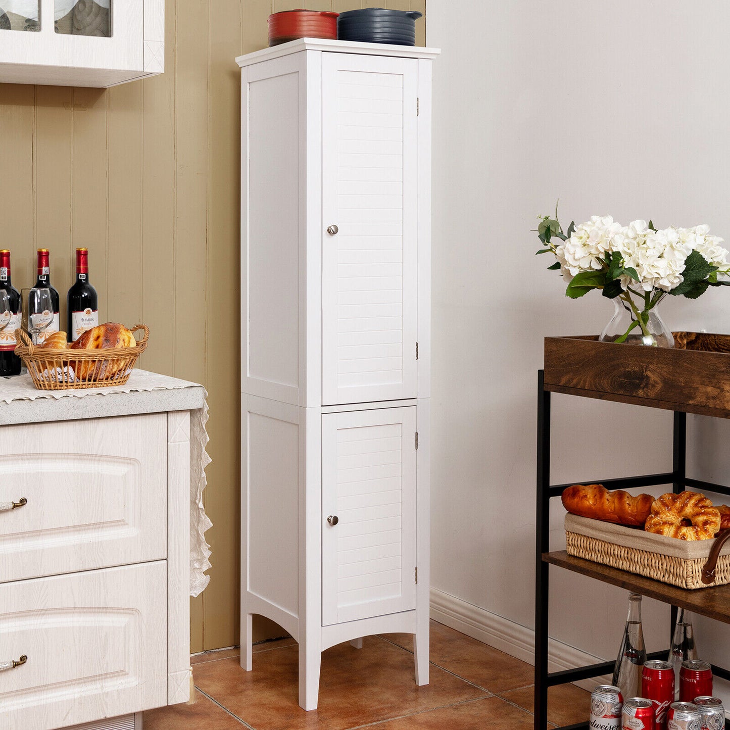 2-Door 160cm High Freestanding Bathroom Cabinet with 5-Tier Shelves-Brown