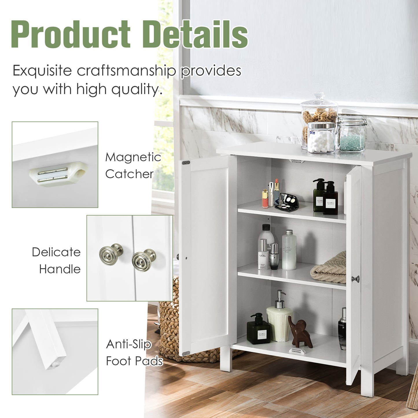 2-Door Freestanding Bathroom Floor Cabinet with Adjustable Shelves-Black