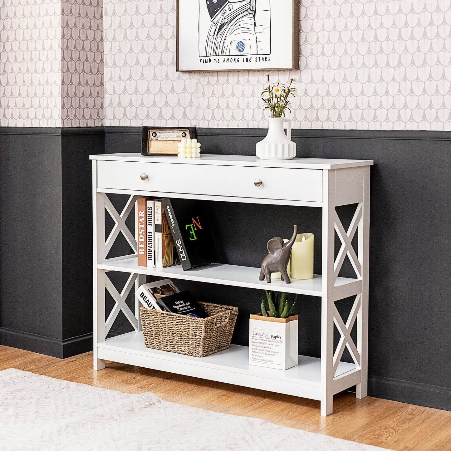 3-Tier Console Table with 1 Drawer and 2 Storage Shelves-Turquoise