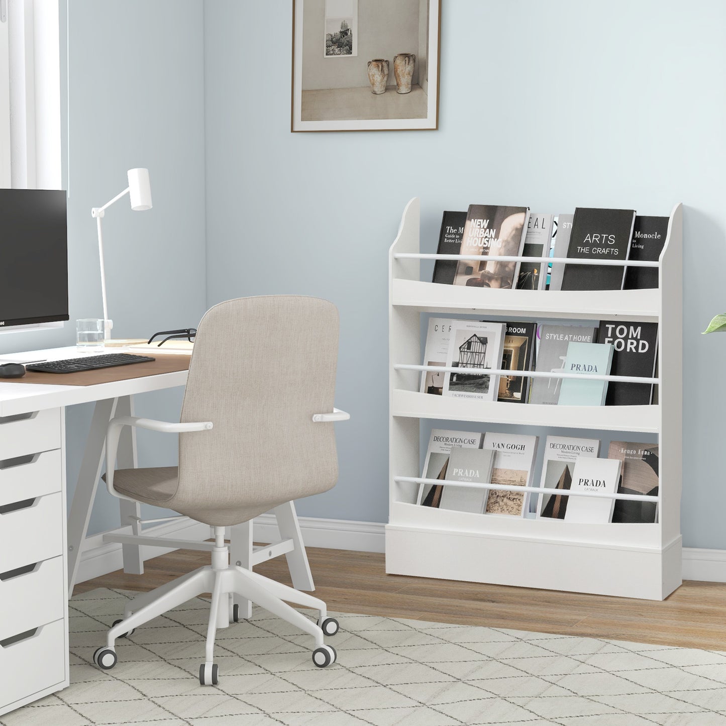3-Tier Standing Bookshelf with 2 Anti-Tipping Kits and Guardrails-White