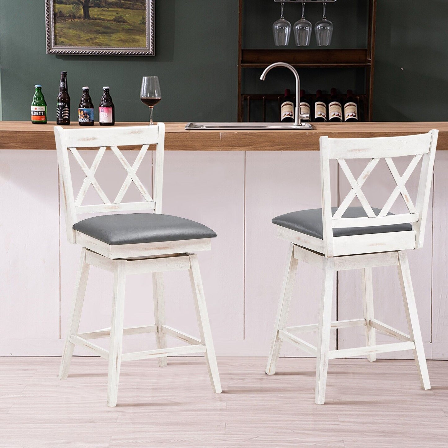 Set of 2 Counter Height Bar Stool with Ergonomic Backrest-Black
