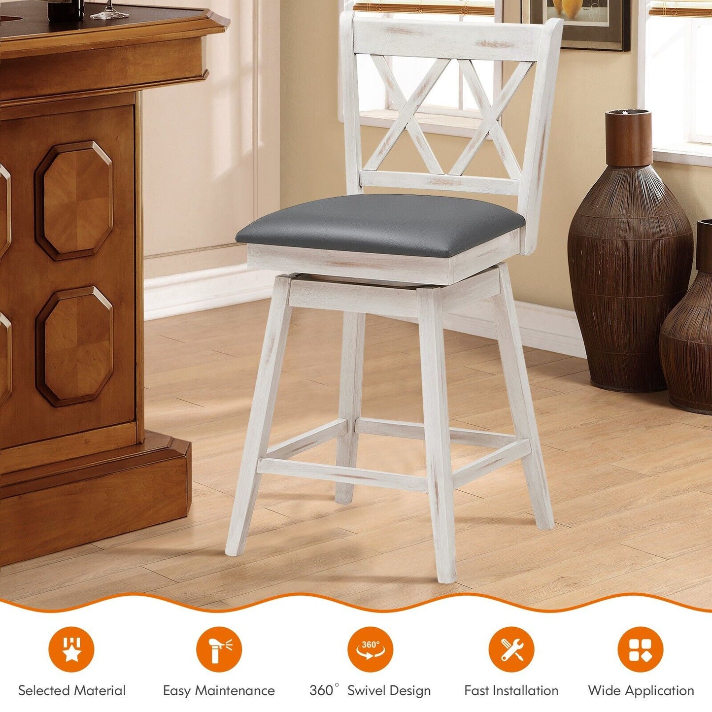 Set of 2 Counter Height Bar Stool with Ergonomic Backrest-Black