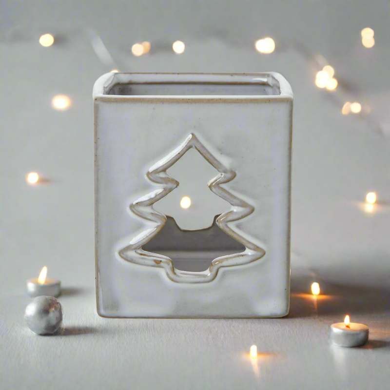 White Ceramic Tree Cut-Out Square Tealight Holder