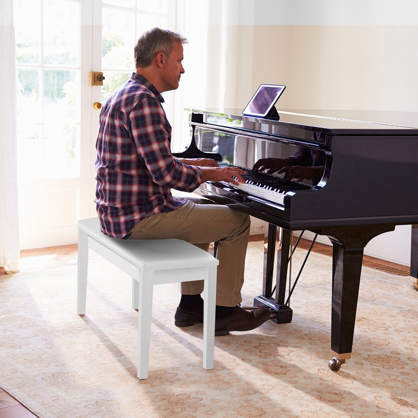 2-in-1 Padded Piano Bench with Storage Space-White