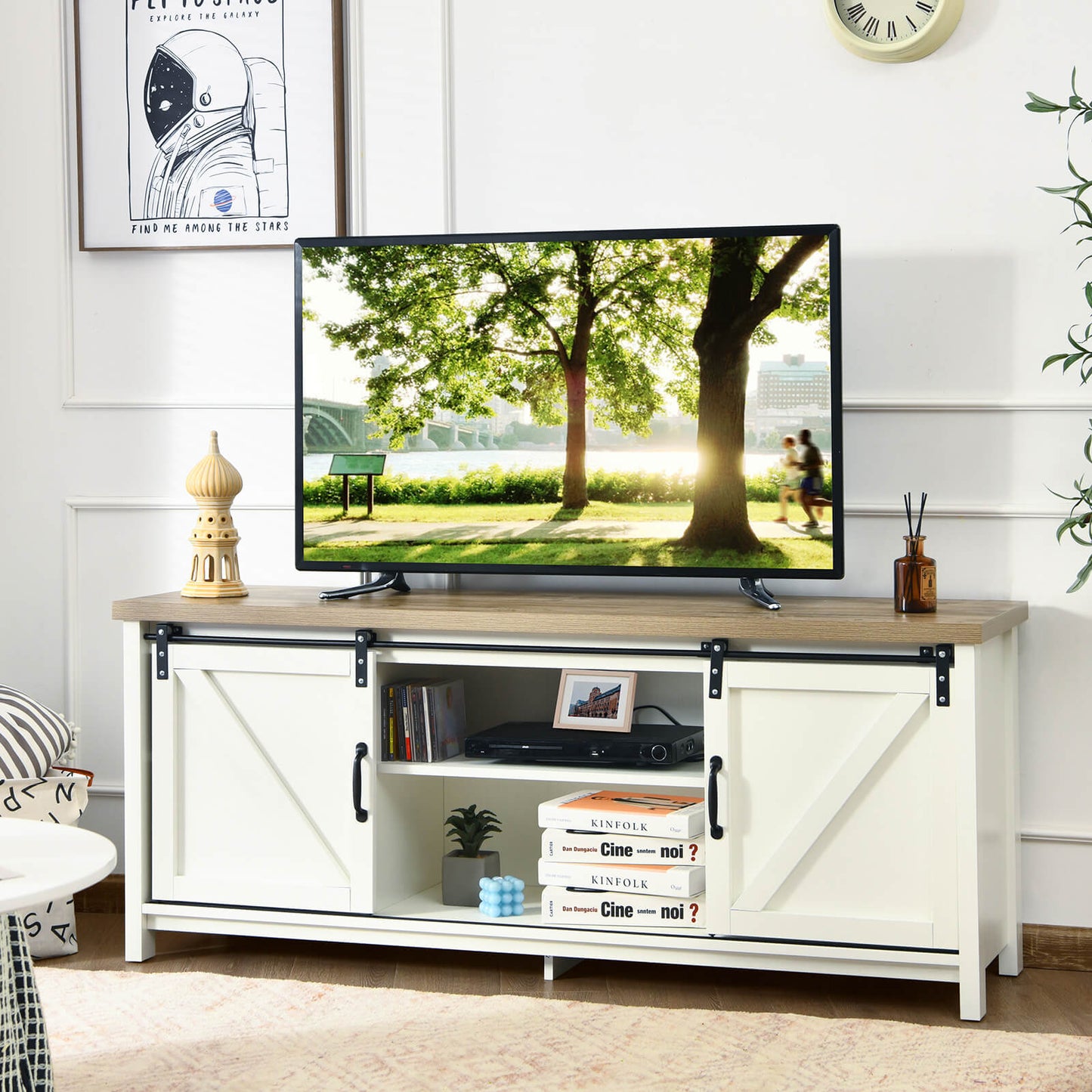 Modern TV Cabinet for 60-Inch TV Wooden Media Storage Shelves-Grey
