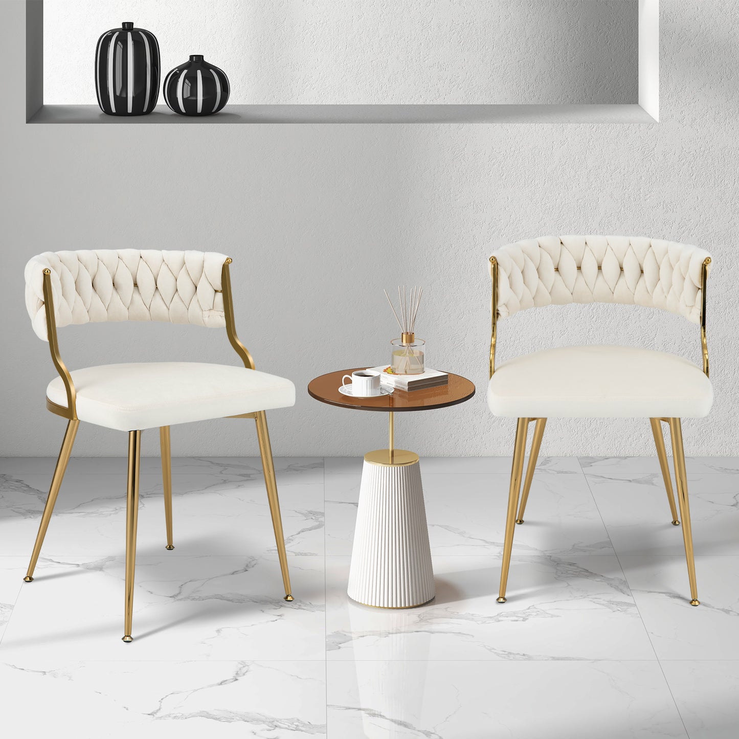 Set of 2 Velvet Dining Chair with Metal Legs and Woven Back-Grey