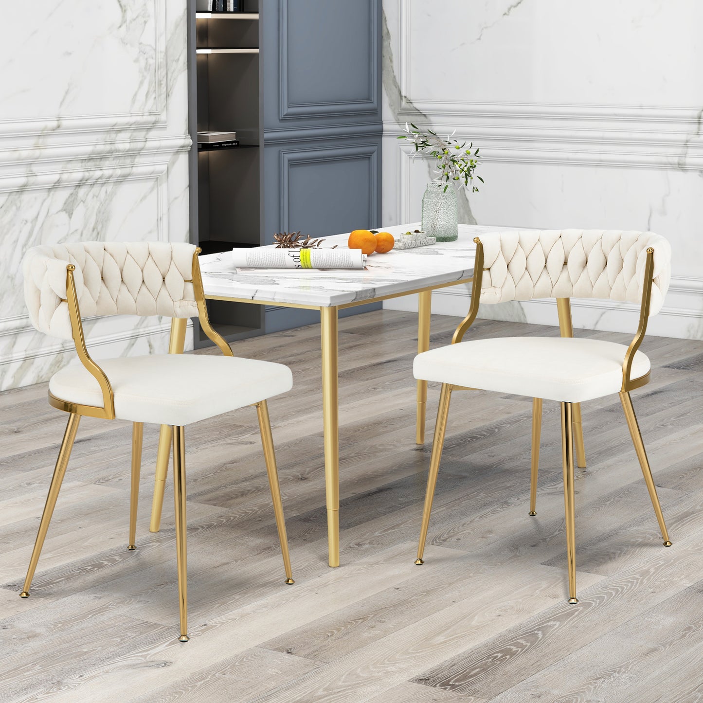 Set of 2 Velvet Dining Chair with Metal Legs and Woven Back-Grey