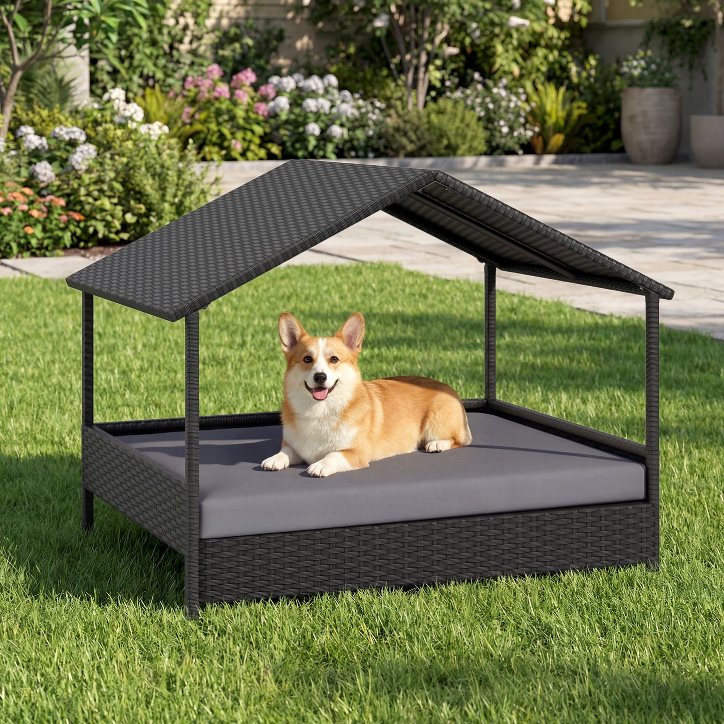 Wicker Dog House Outdoor Indoor with Canopy up to 60kg-Beige