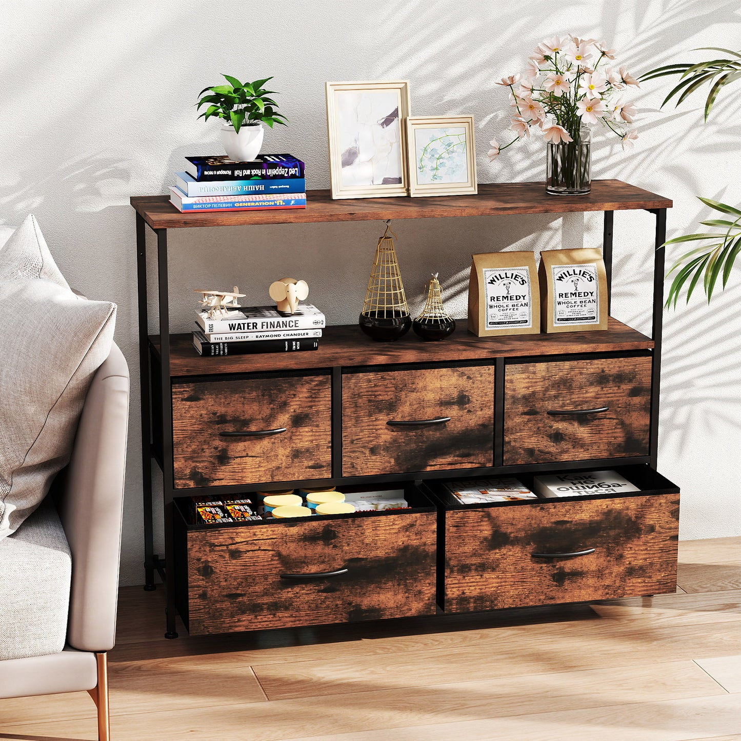 Wide Chest of Drawers with 2 Open Shelves and Heavy Duty Metal Frame-Black