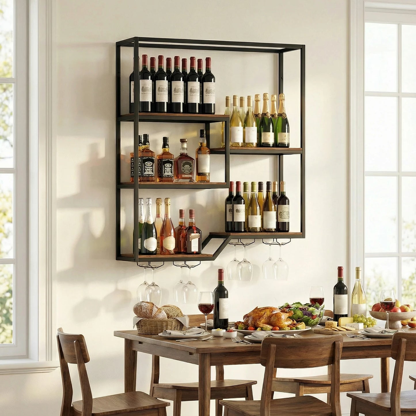 Wine Rack Wall Mounted 5-Tier Wine Bottle Display Shelf with 4 Wine Glass Holders-Rustic Brown