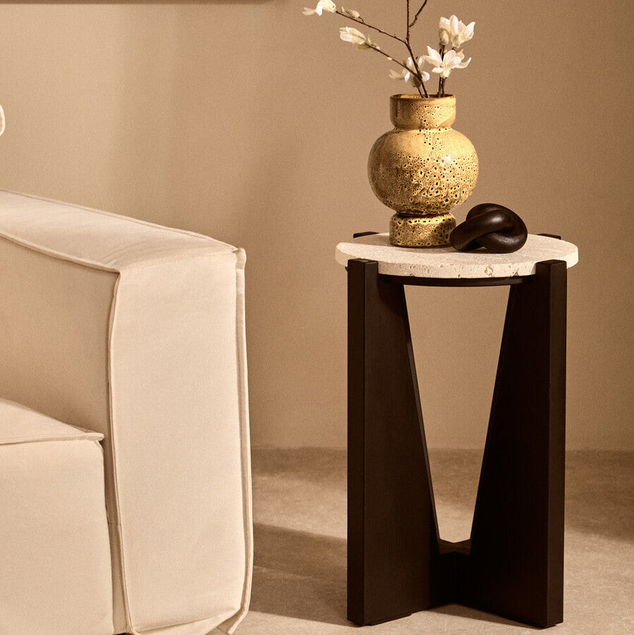 Cream Travertine Top Side Table with Brown Acacia Wood Geometric Frame, Walton