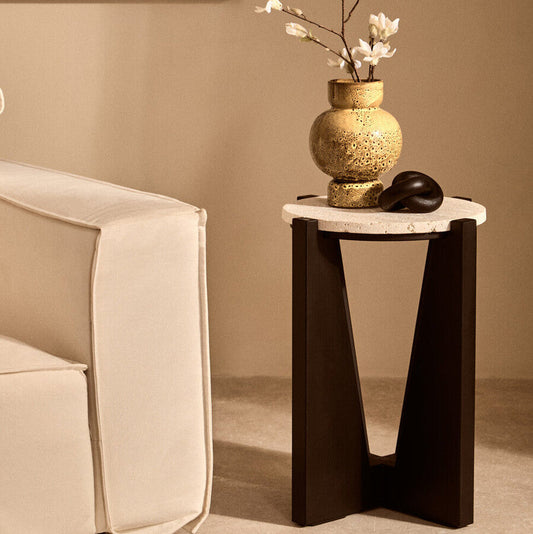 Cream Travertine Top Side Table with Brown Acacia Wood Geometric Frame, Walton