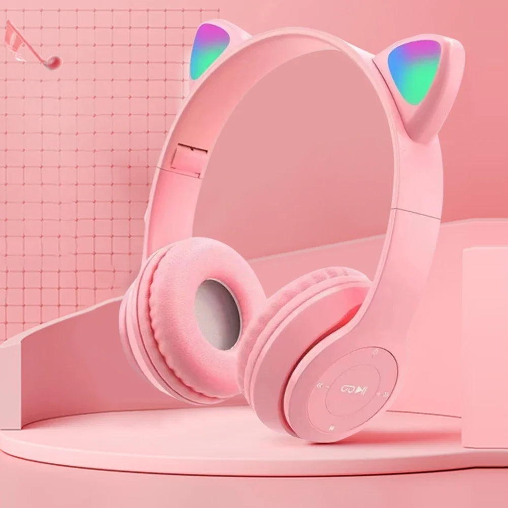 Wireless Cat Ear Gaming Headphones with Glow Light - Bluetooth Stereo Bass for PC & Phone