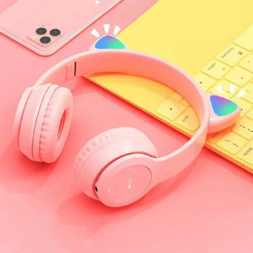 Wireless Cat Ear Gaming Headphones with Glow Light - Bluetooth Stereo Bass for PC & Phone