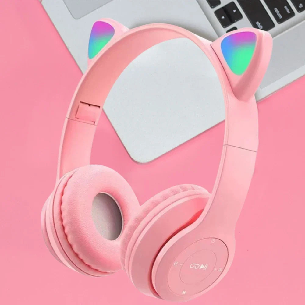 Wireless Cat Ear Gaming Headphones with Glow Light - Bluetooth Stereo Bass for PC & Phone