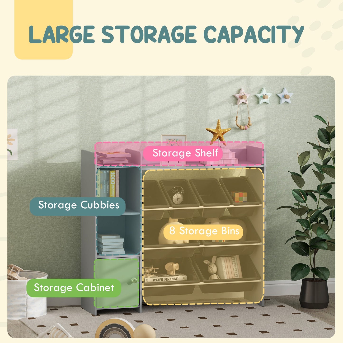 AIYAPLAY Toy Storage Unit with 8 Removable Bins, Storage Shelves, Cabinet