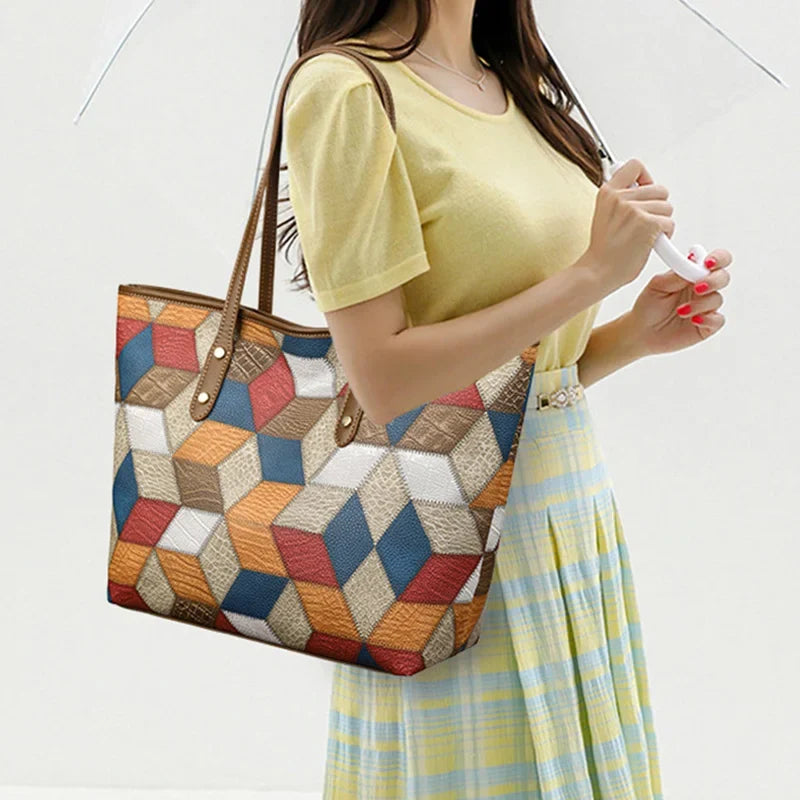 Women’s Patchwork Large Capacity Bag PU Leather Tote Shoulder Underarm Handbag
