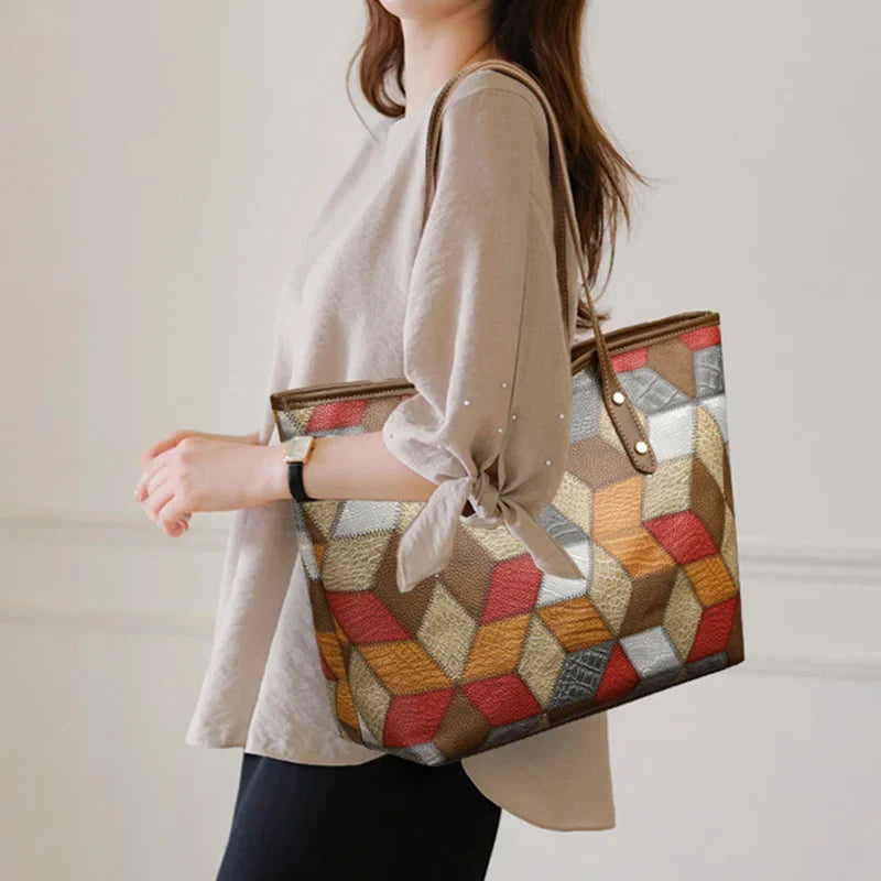 Women’s Patchwork Large Capacity Bag PU Leather Tote Shoulder Underarm Handbag