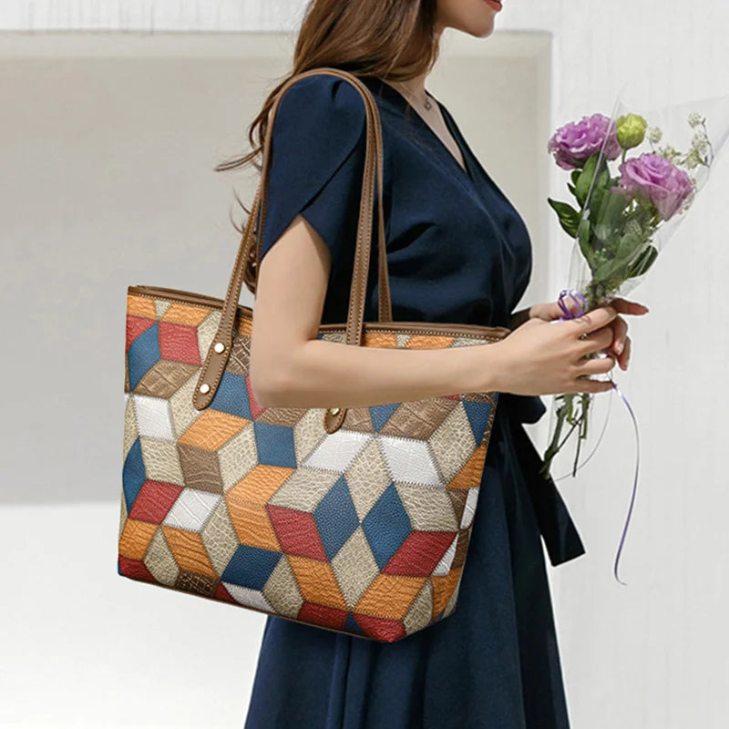 Women’s Patchwork Large Capacity Bag PU Leather Tote Shoulder Underarm Handbag