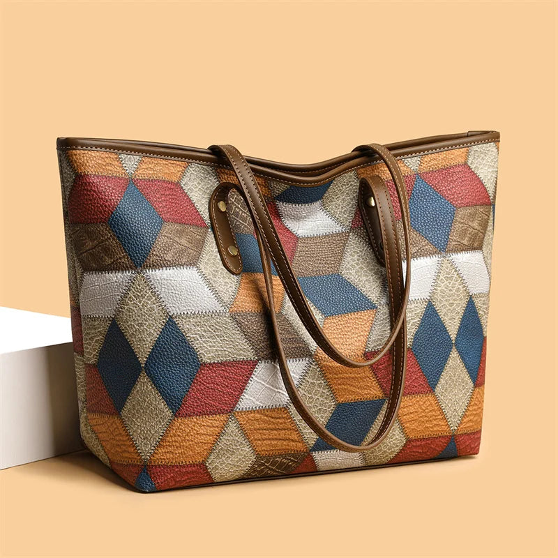 Women’s Patchwork Large Capacity Bag PU Leather Tote Shoulder Underarm Handbag