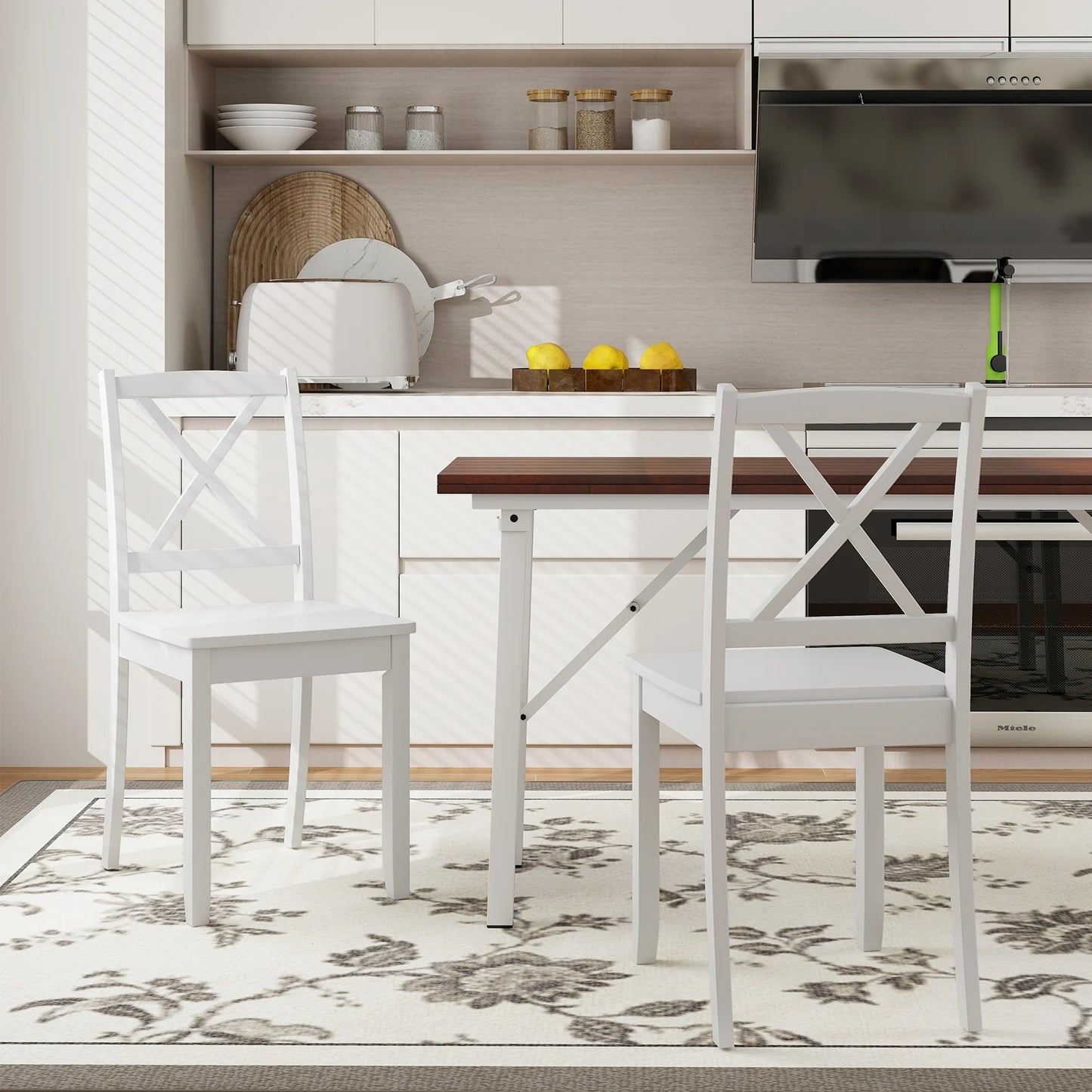 Wood Dining Chair Set of 2 with Rubber Wood Legs-White