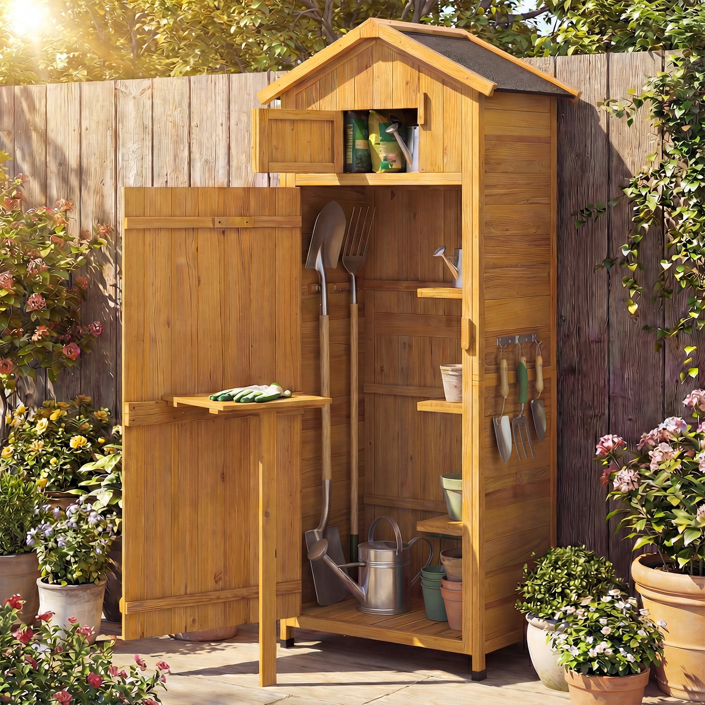 Wood Garden Storage Shed Outdoor Storage Cabinet with Lockable Barn Door-Yellow