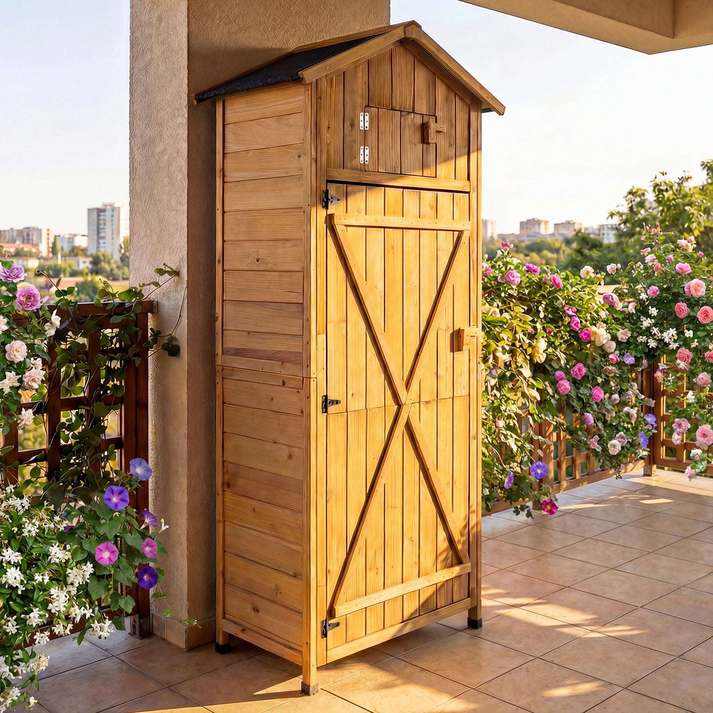 Wood Garden Storage Shed Outdoor Storage Cabinet with Lockable Barn Door-Yellow