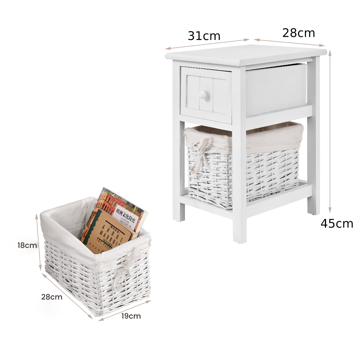 2 Tiers Wood Nightstand with 1 Drawer and 1 Baskets for Home-White