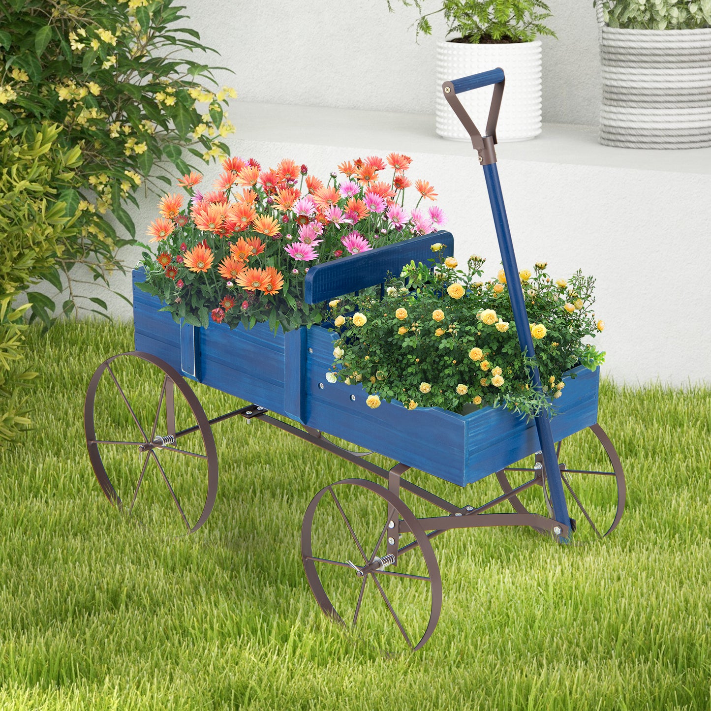 Wood Wagon Flower Planter with Wheels and 2 Planting Sections-Grey