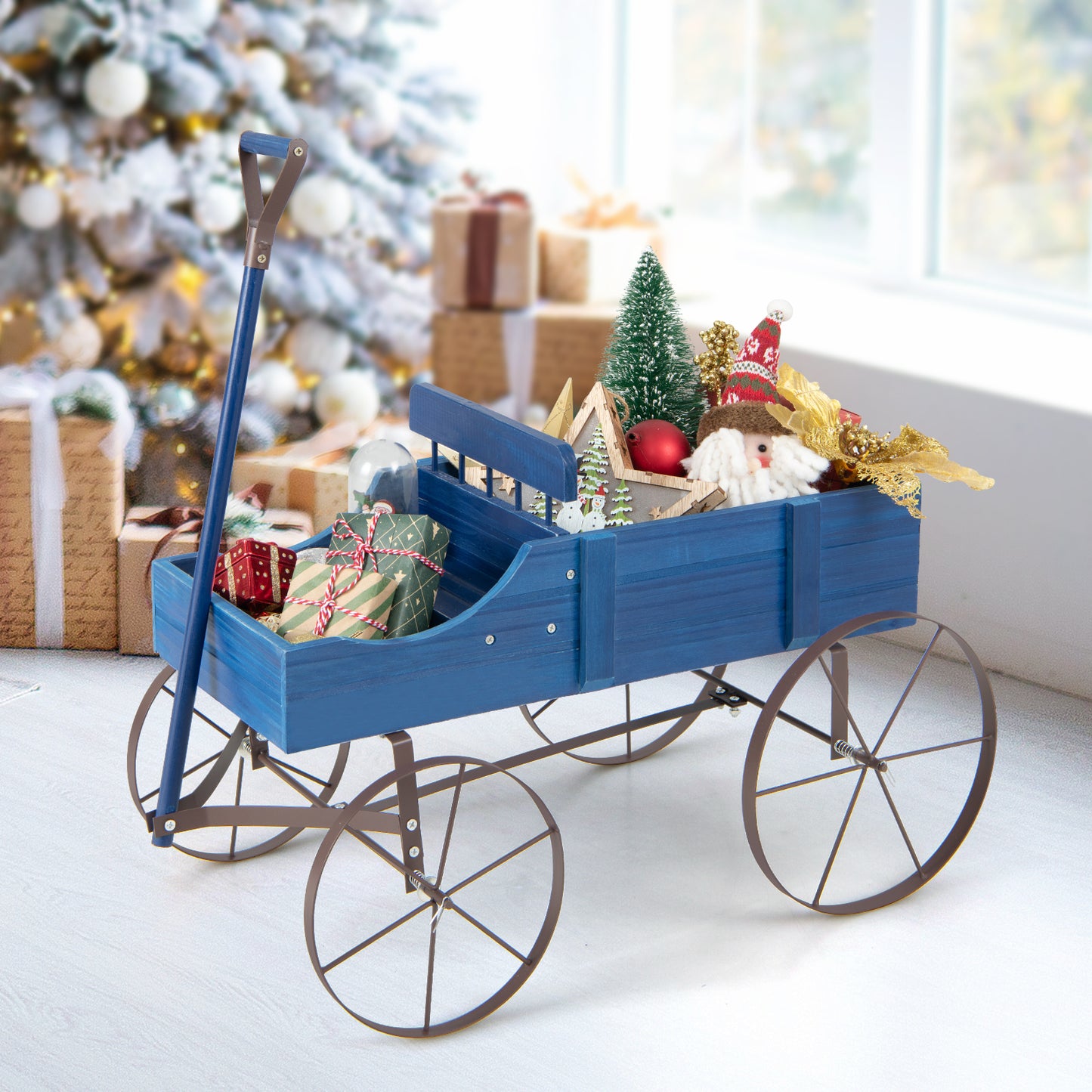 Wood Wagon Flower Planter with Wheels and 2 Planting Sections-Grey