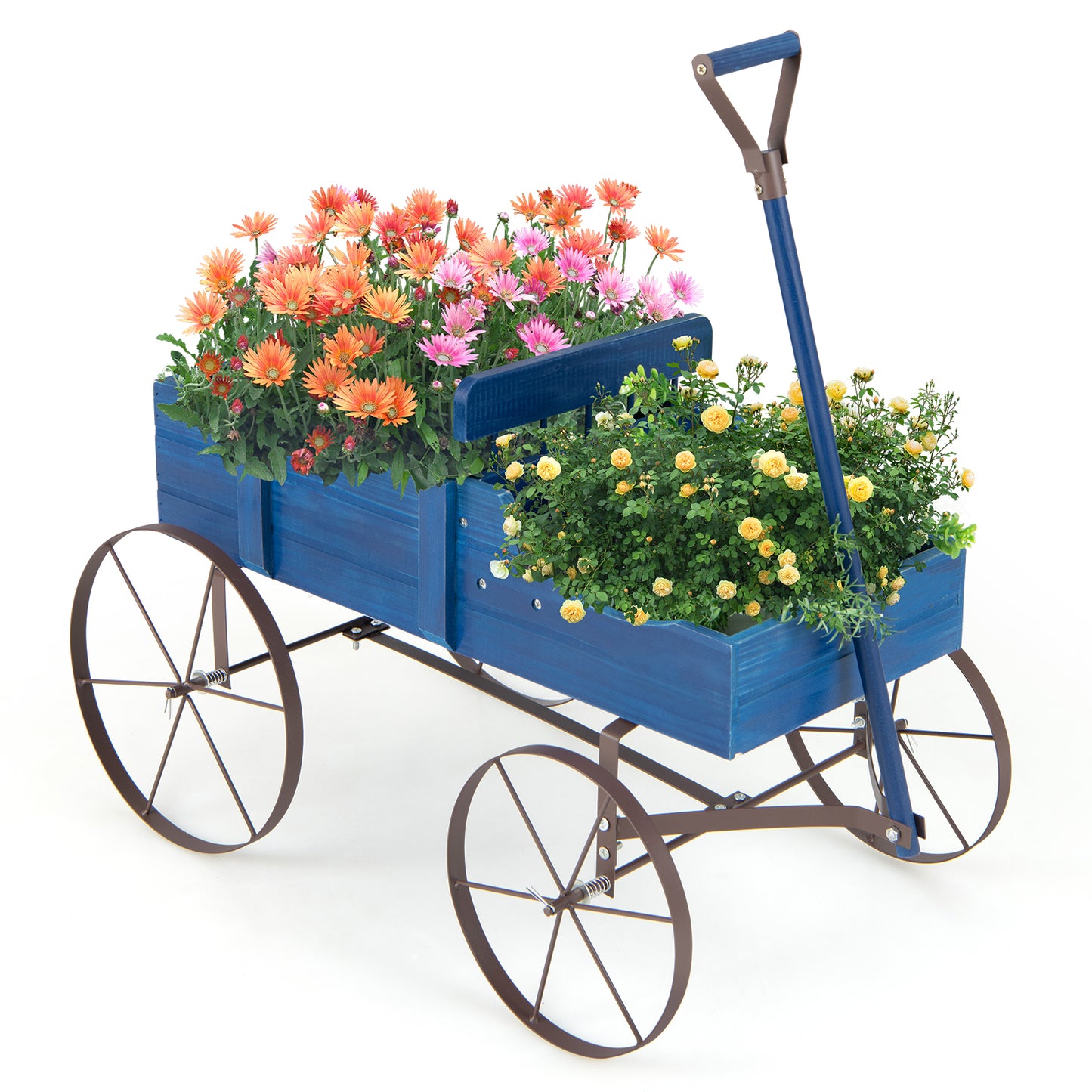 Wood Wagon Flower Planter with Wheels and 2 Planting Sections-Grey