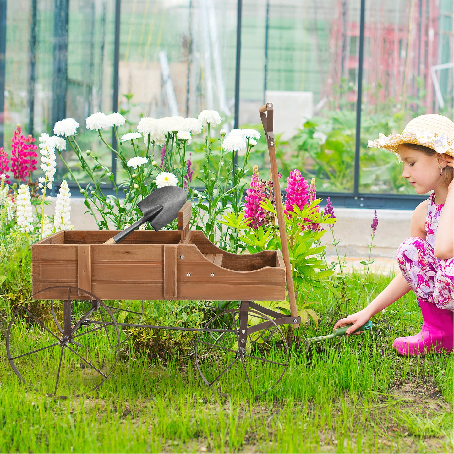 Wood Wagon Flower Planter with Wheels and 2 Planting Sections-Grey