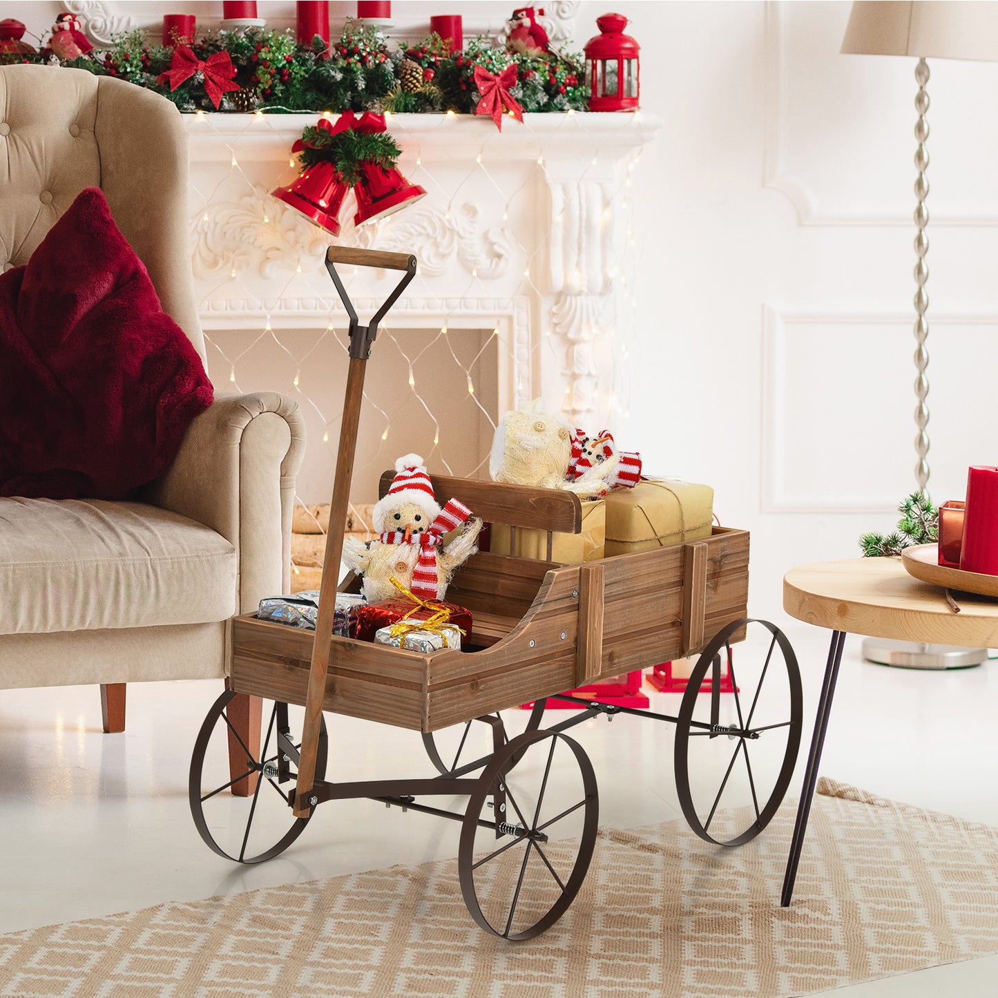 Wood Wagon Flower Planter with Wheels and 2 Planting Sections-Grey