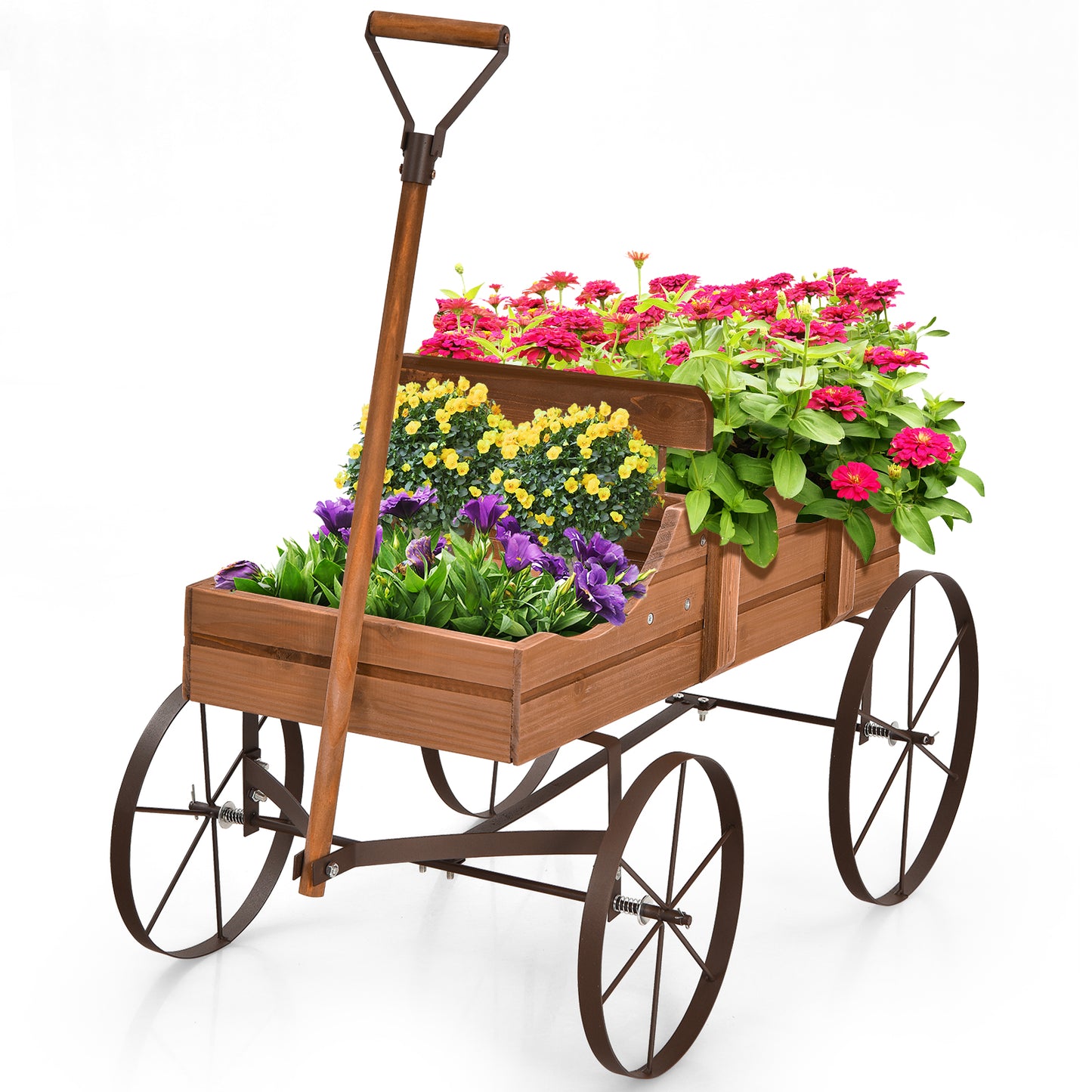 Wood Wagon Flower Planter with Wheels and 2 Planting Sections-Grey
